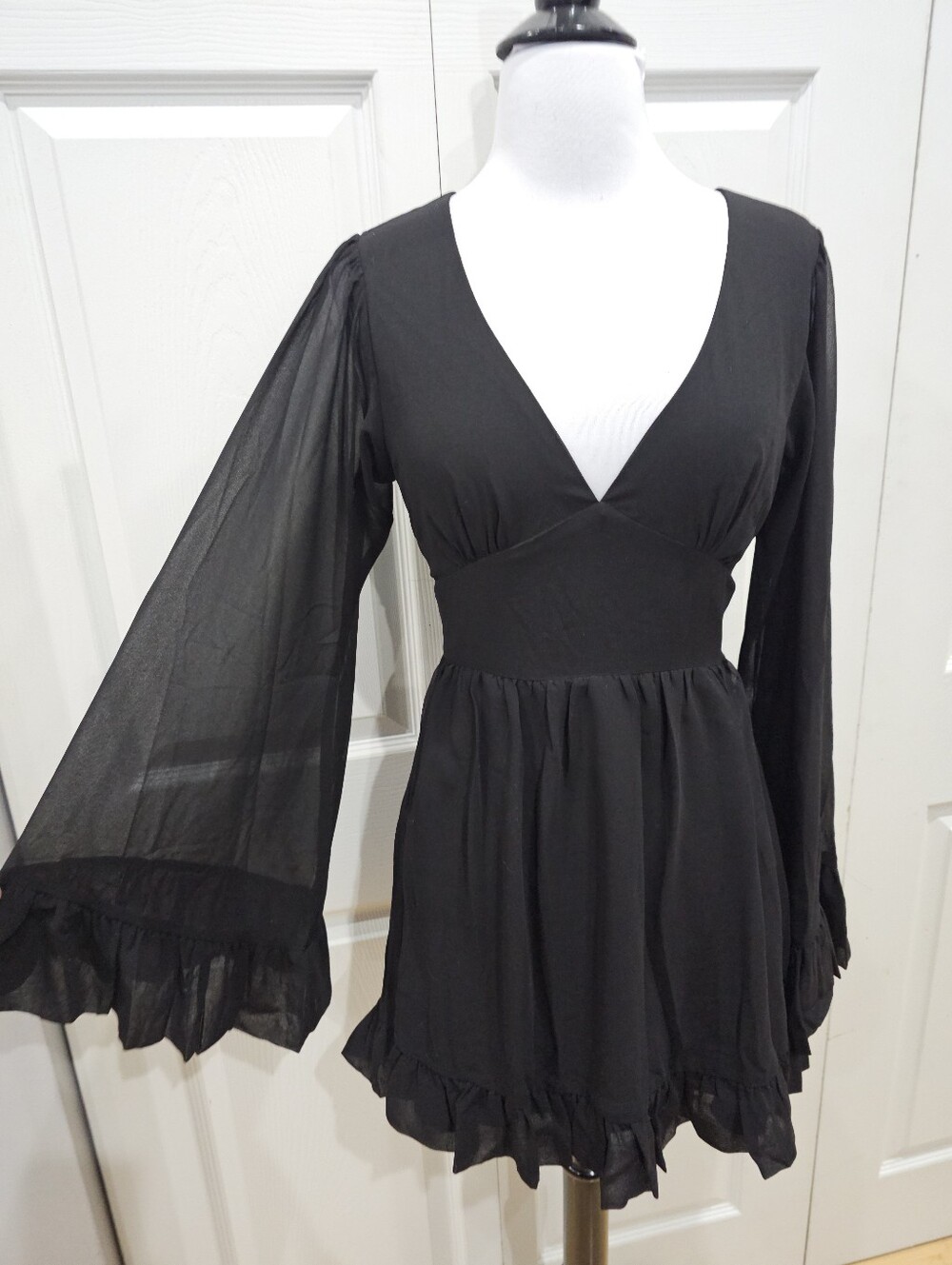 Dolls Kill Goth Fairy Widow Black Sheer Belle Sleeve Mini VNeck Tie Back Dress S